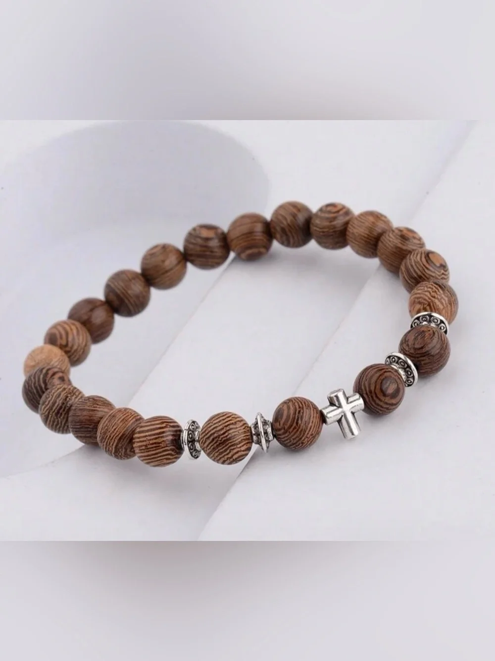 Men's Brown Wood Bead Bracelet with Silver Cross